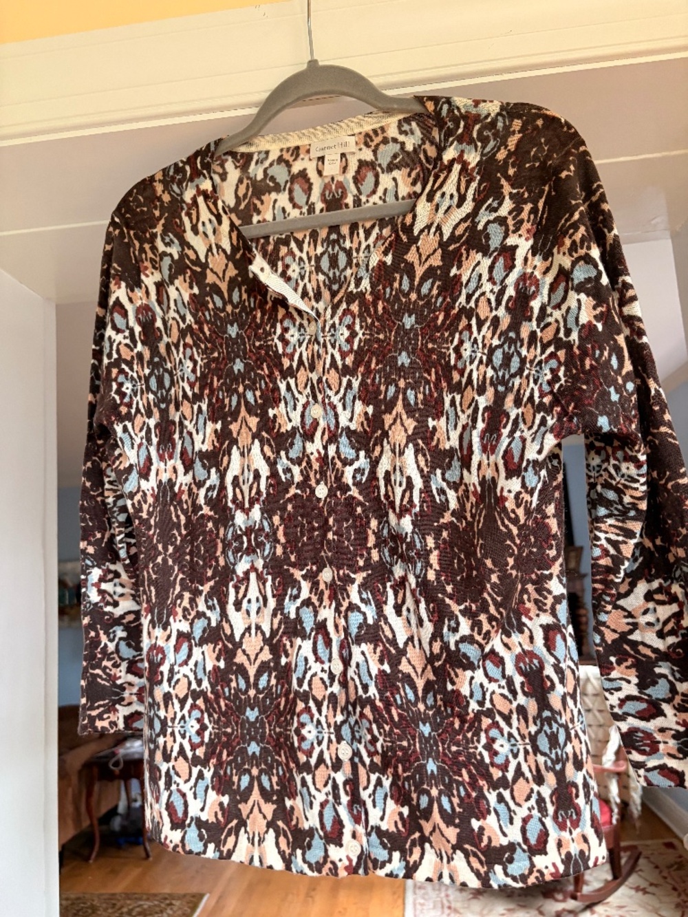 Garnet Hill 100% Merino Wool Animal Print Brown Multicolor Cardigan in Large